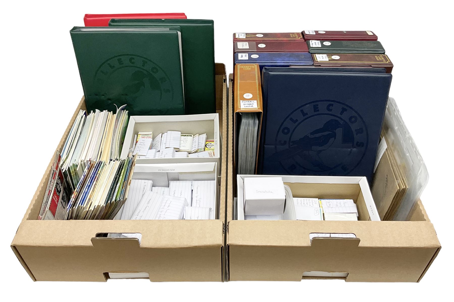 Quantity of trade cards, housed in ring binder albums and loose, including Twinnings, Lyons, PG Tips, Hornimans, Ty-Phoo etc and various unused official paper albums, in two boxes