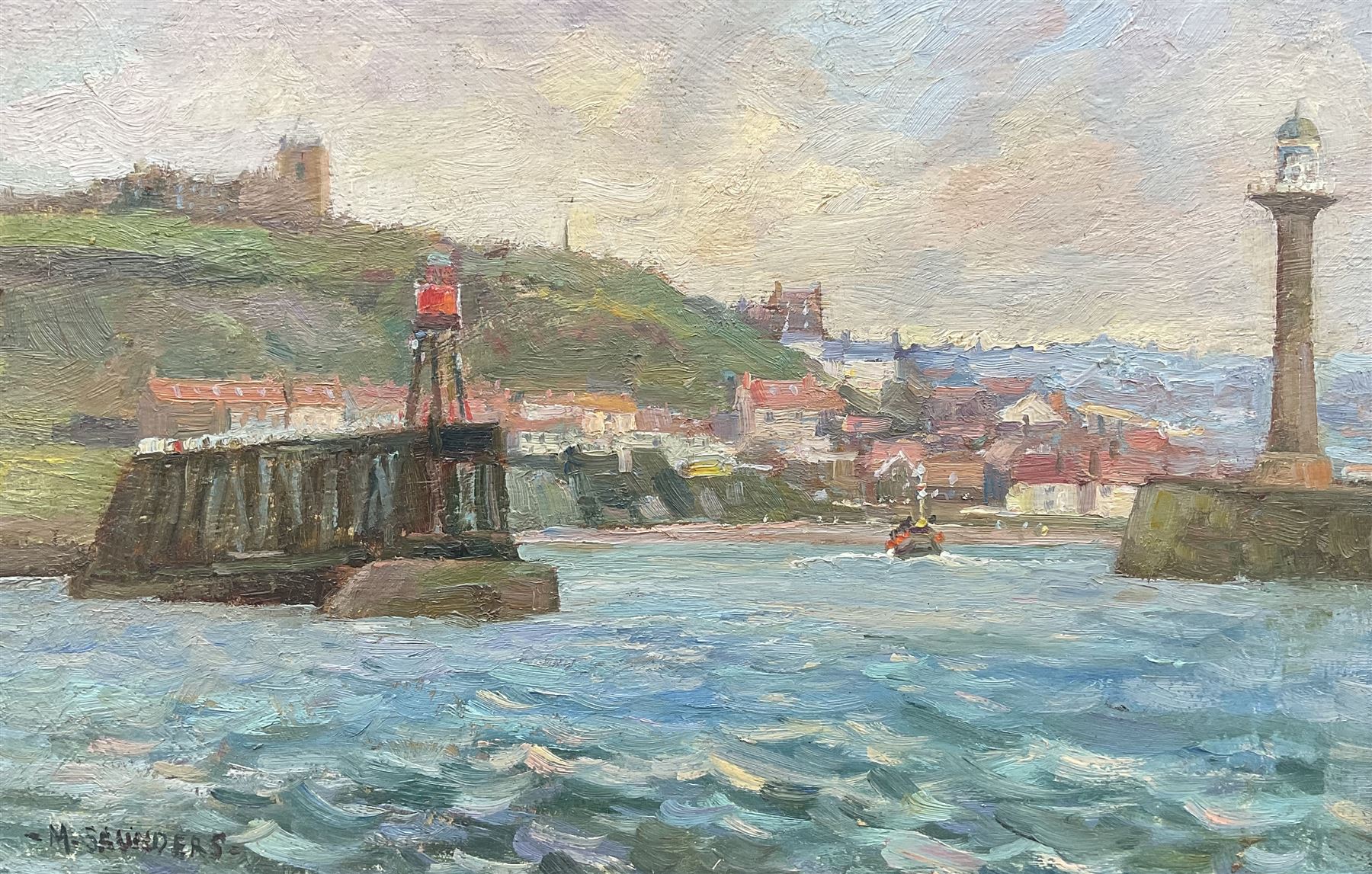 Michelle Saunders (British 1963-): 'Entering Whitby', oil on board signed, titled verso 19cm x 29cm