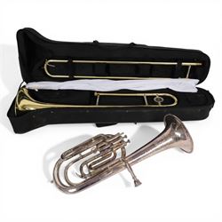 Ammoon brass trombone and a Besson Prototype tenor horn, both cased