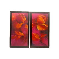 After Elena Putley (Moldovan Contemporary): Abstract Flowers, pair textured prints on board 99cm x 49cm (2)