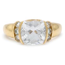 14ct gold aquamarine ring, single briolette cut aquamarine, with three round cut aquamarin...