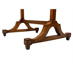 Late George III satinwood fire screen, upholstered in floral blue fabric, fold-down lipped tray with central figured walnut oval inlay, on splayed supports joined by stretchers 