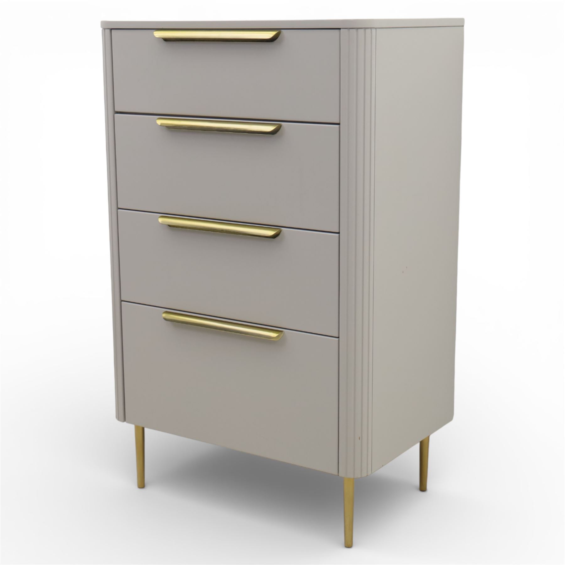 Made.com - 'Ebro' grey four drawer chest, gold painted metal shaped handles, rounded corners with fluted detail, raised on gold painted metal tapered supports