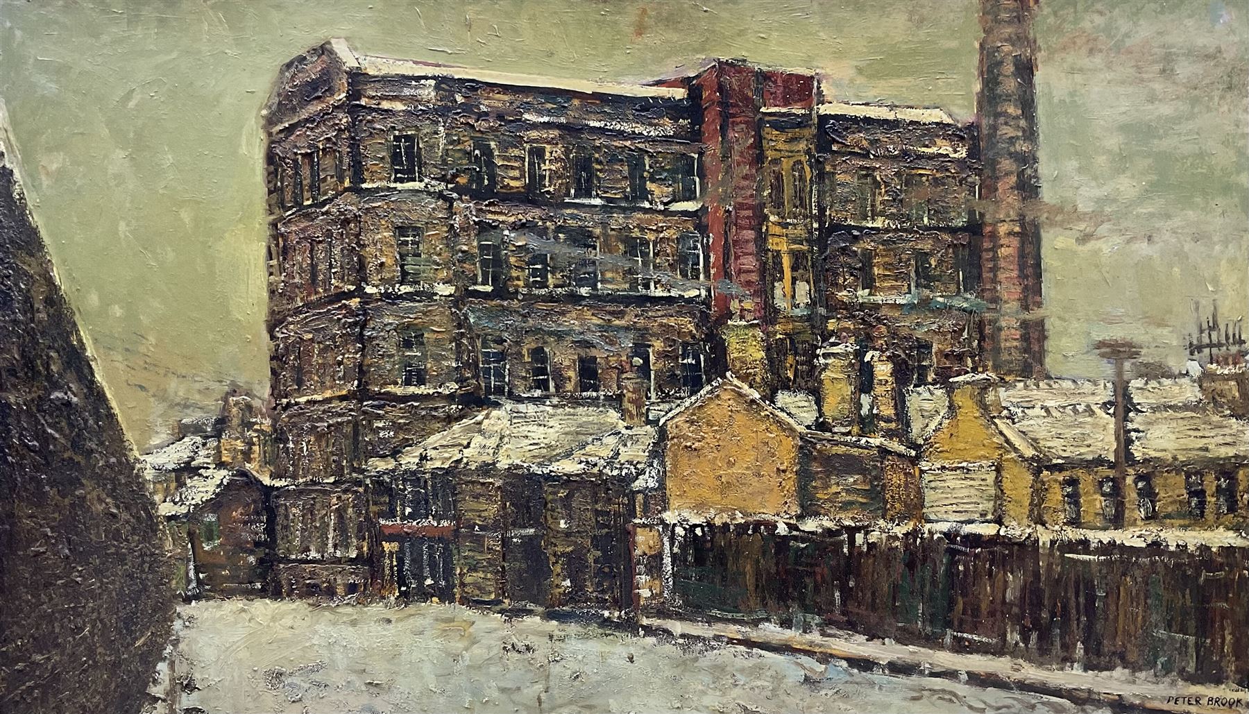 Peter Brook (Northern British 1927-2009): The Mill, impasto oil on board signed 63cm x 109cm 
Provenance: West Yorkshire dec'd estate; the deceased was good friends with the artist.