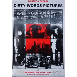  Gilbert and George (British 1943- and 1942-): 'Dirty Words Pictures Serpentine Gallery', pair of exhibition lithographs signed in gold pen by the artists 100cm x 70cm unframed (2)    