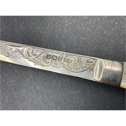 Two silver fruit knives with mother of pearl handles, hallmarked, mother of pearl tokens and similar items 