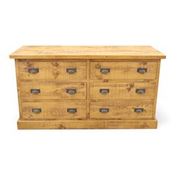 Indigo Furniture - large rustic oak chest, rectangular top fitted with six drawers with me...