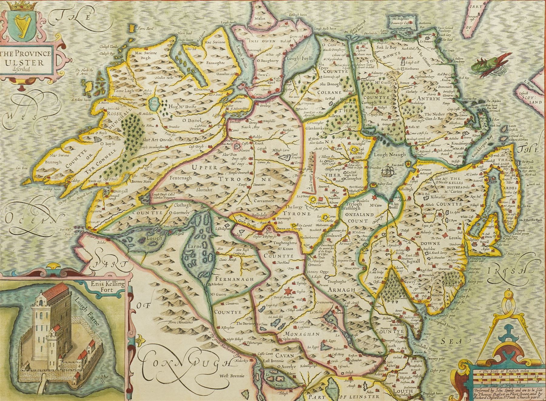 John Speed (British 1552-1629): 'The Province Ulster', 17th century engraved map with hand-colouring of Northern Ireland with inset view of Enis Kelling Fort pub. Thomas Bassett & Richard Chiswell 1676, 41cm x 54cm
