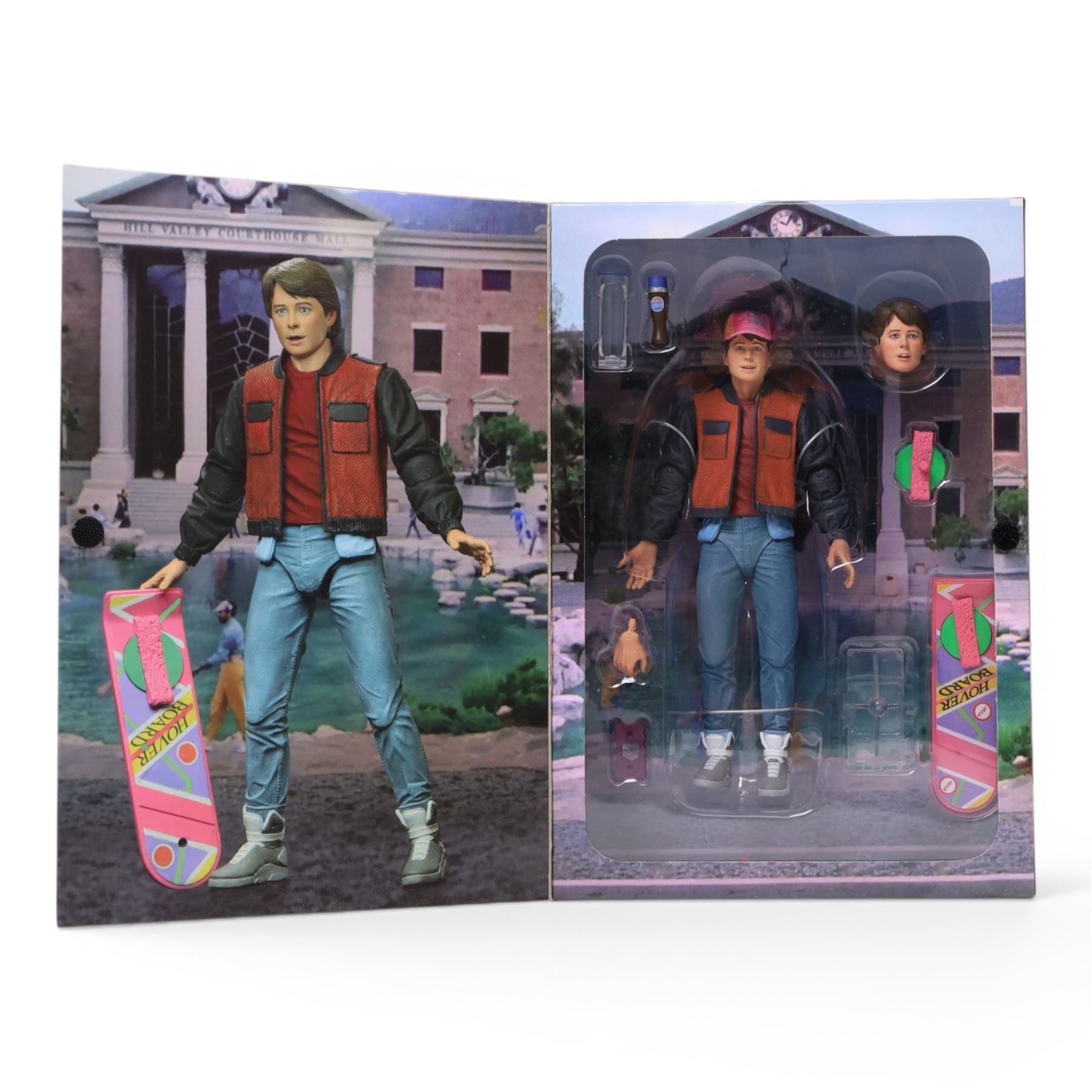 Neca Back to the Future Marty Mcfly figure, AMT Ghostbusters Ecto-1A 1:25 scale model kit and Vinyl Idolz Egon Spengler figure, all boxed