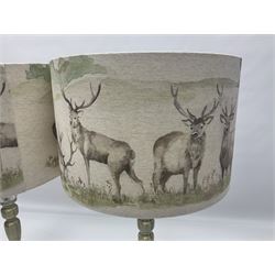 Pair of table lamps, with fabric shades decorated with deer, in a water colour style, H47cm, shades D30cm
