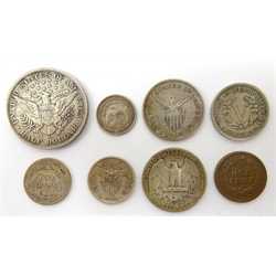  Collection of United States of America coinage 1834 five cent 'liberty cap half dime', 1898 Barber half dollar O mintmark, 1883 five cent, 1899 one cent, 1911 one dime, United States of America 'Filipinas' twenty centavos and ten centavos and a 1944 quarter dollar D mintmark (8)  