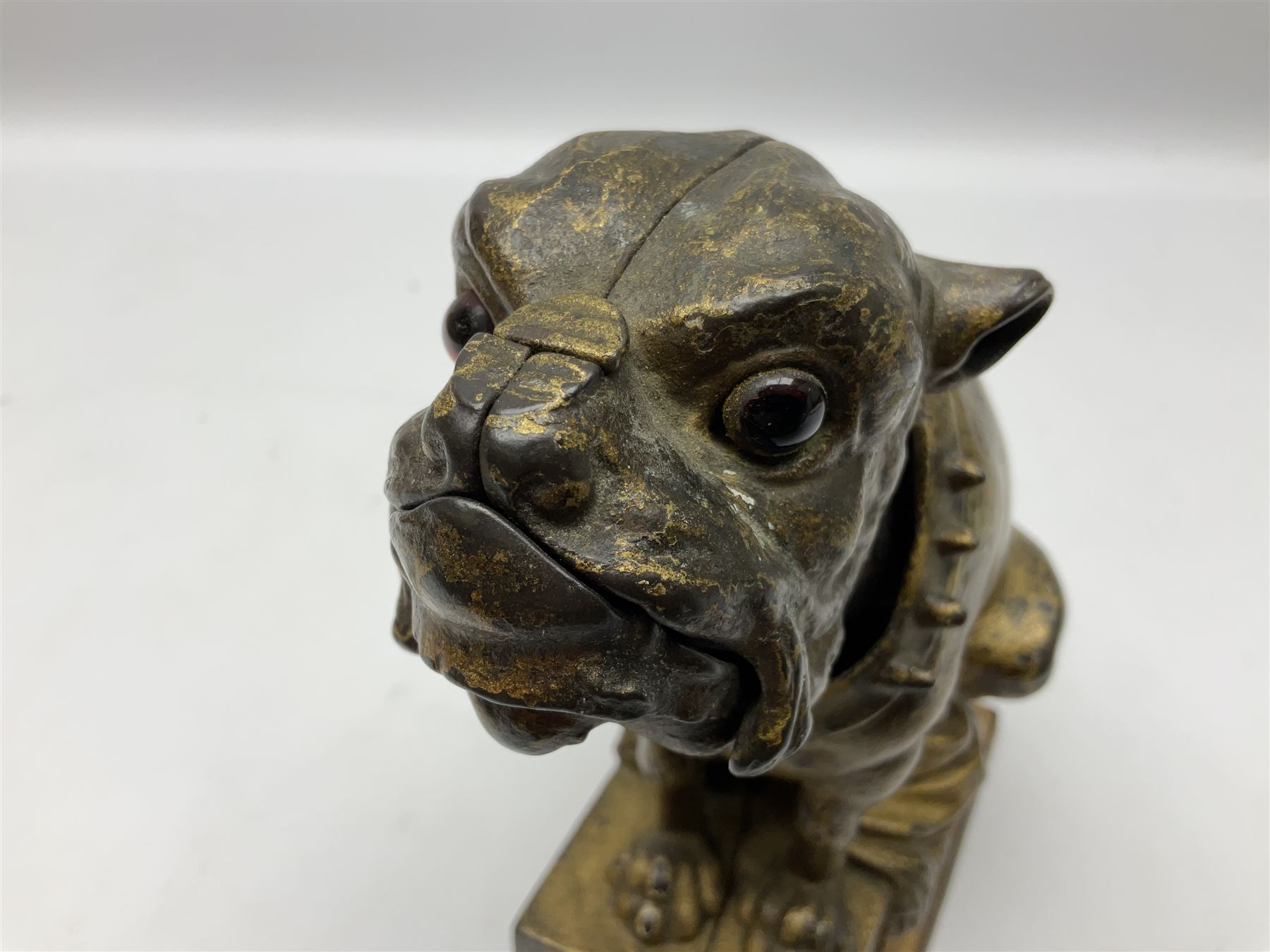 Late 19th century cast-iron mechanical money bank 'Bulldog Bank' by J & E Stevens with coin-on-nose action; patented 27th April 1880 H19.5cm