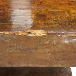 18th century oak dresser base, moulded rectangular top over two drawers and shaped apron, moulded drawer fronts fitted with shaped brass handle plates and swan neck handles, on chamfered square supports united by pot board base 