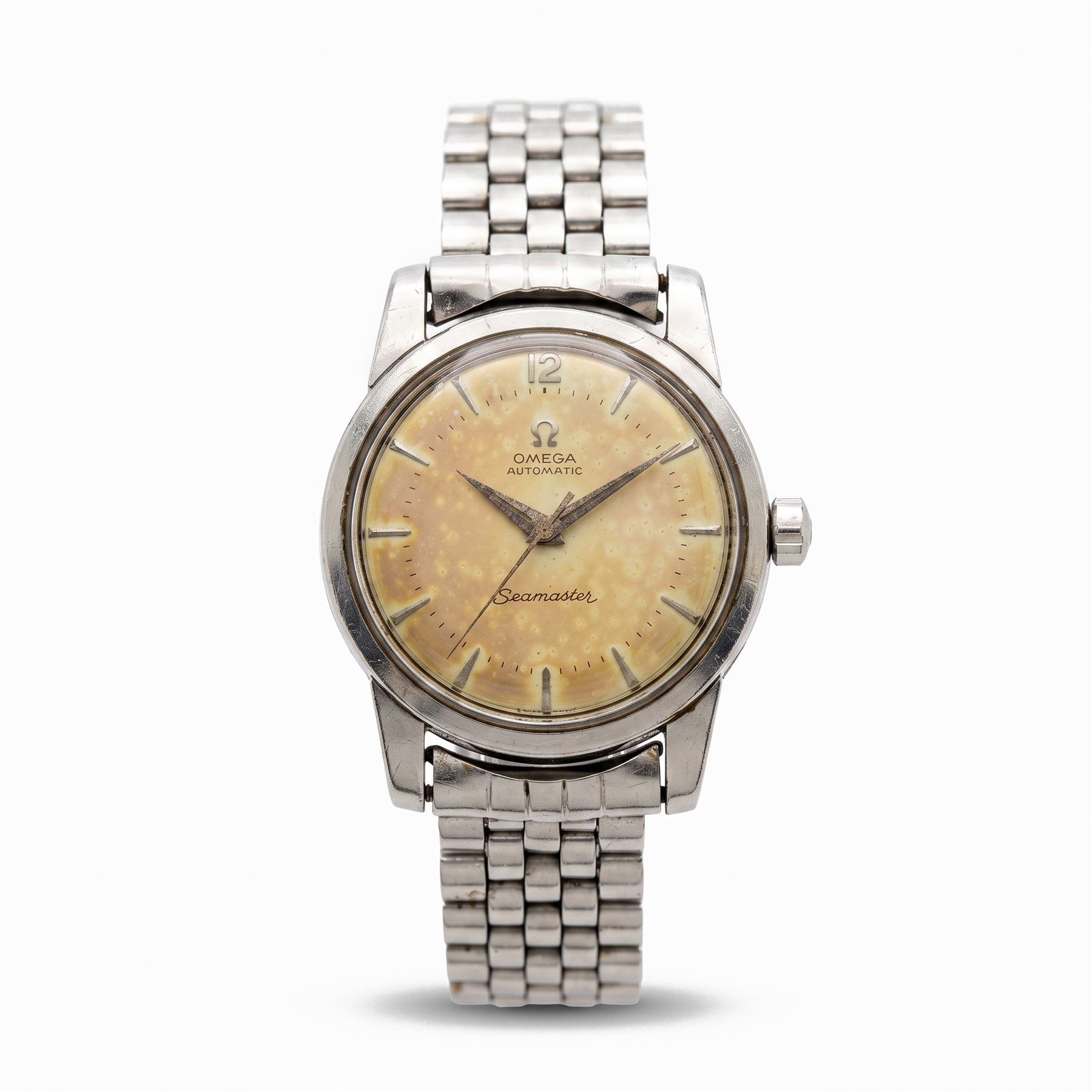 Omega Seamaster gentleman's stainless steel automatic wristwatch, circa 1956, Ref. 2846 - 2848, Cal. 500, serial No. 15183422, dial with dagger hour markers and Arabic 12 o'clock, on a Rolex Jubilee stainless steel bracelet, with fold-over clasp stamped Made in England WAB