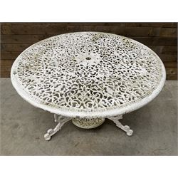 Victorian design cast aluminium circular garden table (D109cm, H72cm) and six armchairs 