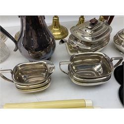 Walker & Hall silver plated coffee pot, glass claret jug, together with large collection of linen, fire screen with embroidered panel, candlesticks etc