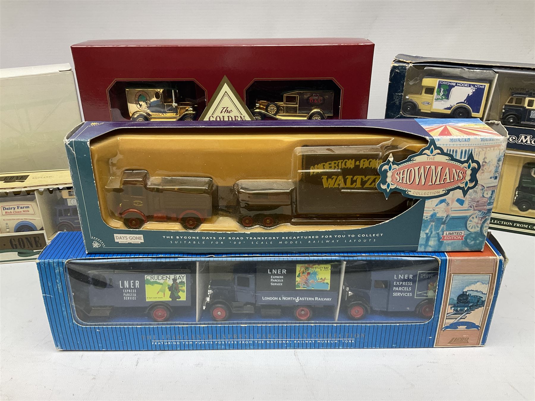Collection of Diecast model vehicles, including Lledo The Golden Days of the Film Industry limited edition set, Lledo H Samuel boxed vehicle, and other similar examples 