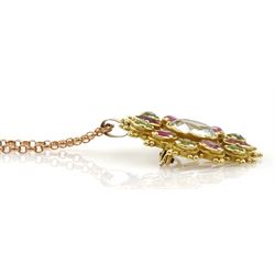 9ct gold oval cut aquamarine, pink tourmaline and peridot pendant, on 9ct rose gold belcher link chain necklace