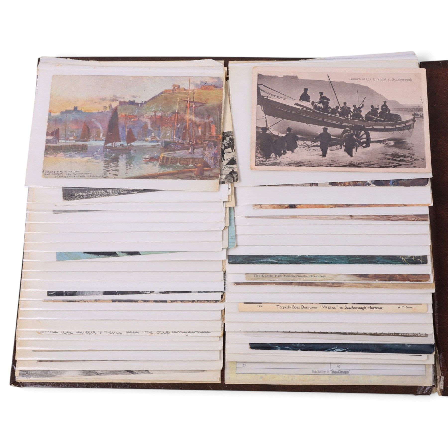 Collection of local Scarborough post cards, including South Bay, The Spa, Churches, novelty examples, black and white examples, etc contained within various albums, (approximately 780)