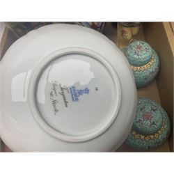 Pair of ginger jars, together with oriental figure, Kaiser plates, glassware etc, in two boxes 