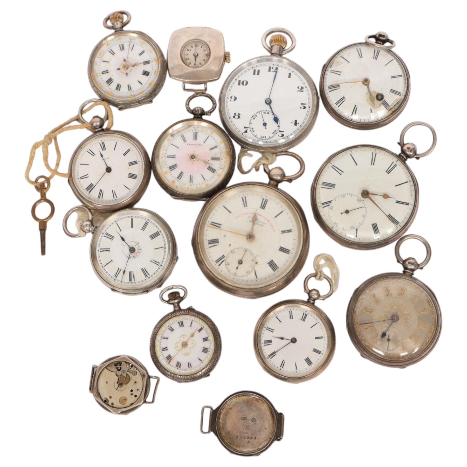 Collection of silver lever and cylinder pocket watches and wristwatches, hallmarked or stamped Fine Silver