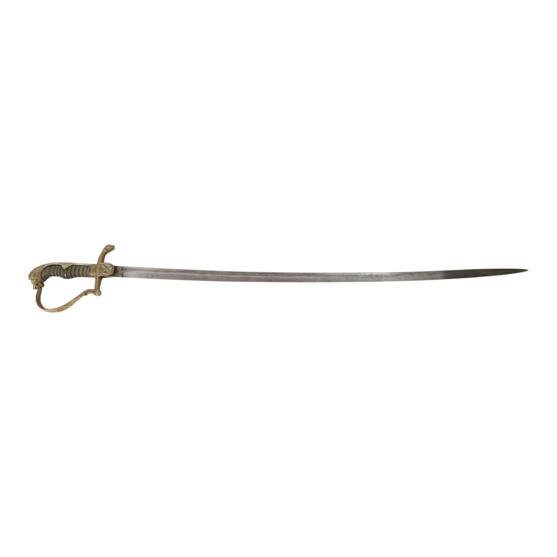 WWI Prussian Artillery Officer's dress sword, with 83cm single edge fullered steel blade, brass stirrup hilt, the langet with crossed cannon barrels and a vacant shield cartouche, the curved knuckle bow cast with acorns and oak leaves, wire bound grip and lion head pommel, with steel scabbard, overall L100cm