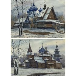 Ukrainian School (20th century): Orthodox Churches, pair watercolours, indistinctly signed and titled in Cyrillic on labels verso 20cm x 29cm (2)