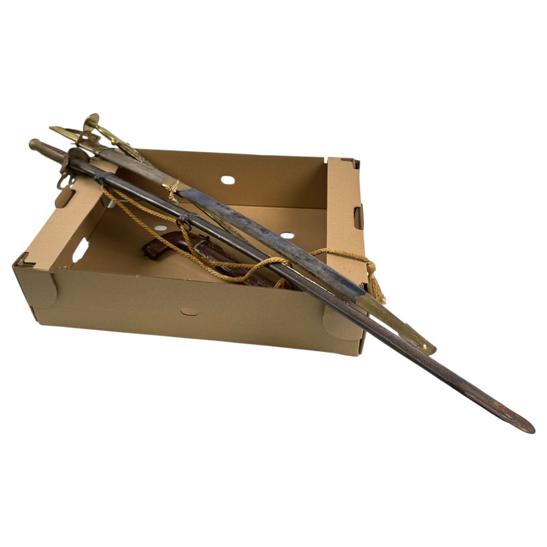 Three Indian swords, including Ceremonial Tulwar style sword with pierced decoration to brass scabbard, etc 