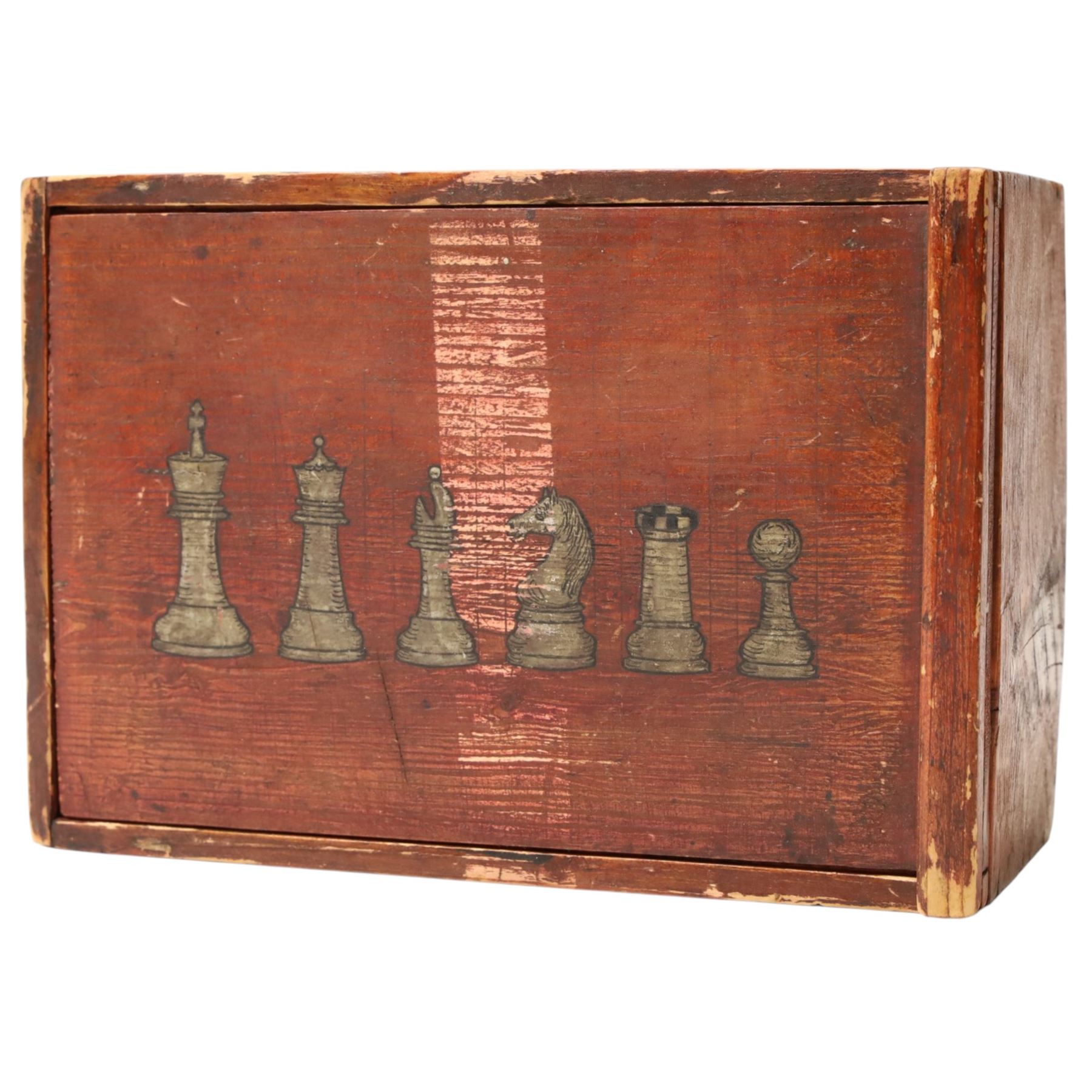 Vintage stained boxwood chess set, height of king 9cm in pine box