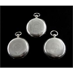 Three Victorian silver open face English lever pocket watches by D.W. Kee, Isle of Man, J & E Rhodes, Kendal and Burton, Ulverstone, cream enamel dials with Roman numerals and subsidiary seconds dials, hallmarked (3)