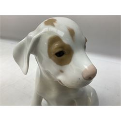 Royal Copenhagen figure of a pointer puppy, modelled seated with rare white and brown patch colourway, designed by Erik Nielsen, model no 259, date code for 1889-1922, with printed and painted marks beneath, H19cm