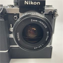 Nikon F2A Photomic camera body, serial no. 7844439, with 'Nikon Zoom-NIKKOR 35-70mm 1:3.5-4.8' lens, serial no. 5352031, Nikon MD1 Motor Drive, serial no. 208608 and Nikon MB1 battery pack