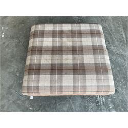 Large square footstool, upholstered in a studded suede and chequered fabric, turned supports