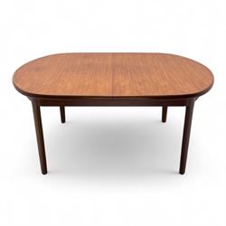 G-Plan - mid-20th century teak oval dining table, with butterfly leaf extension mechanism and four Elliot's of Newbury teak framed dining chairs upholstered in purple and green fabric, table un-extended width 152cm x depth 152cm x height 71cm, chairs 47x37x78cm 
