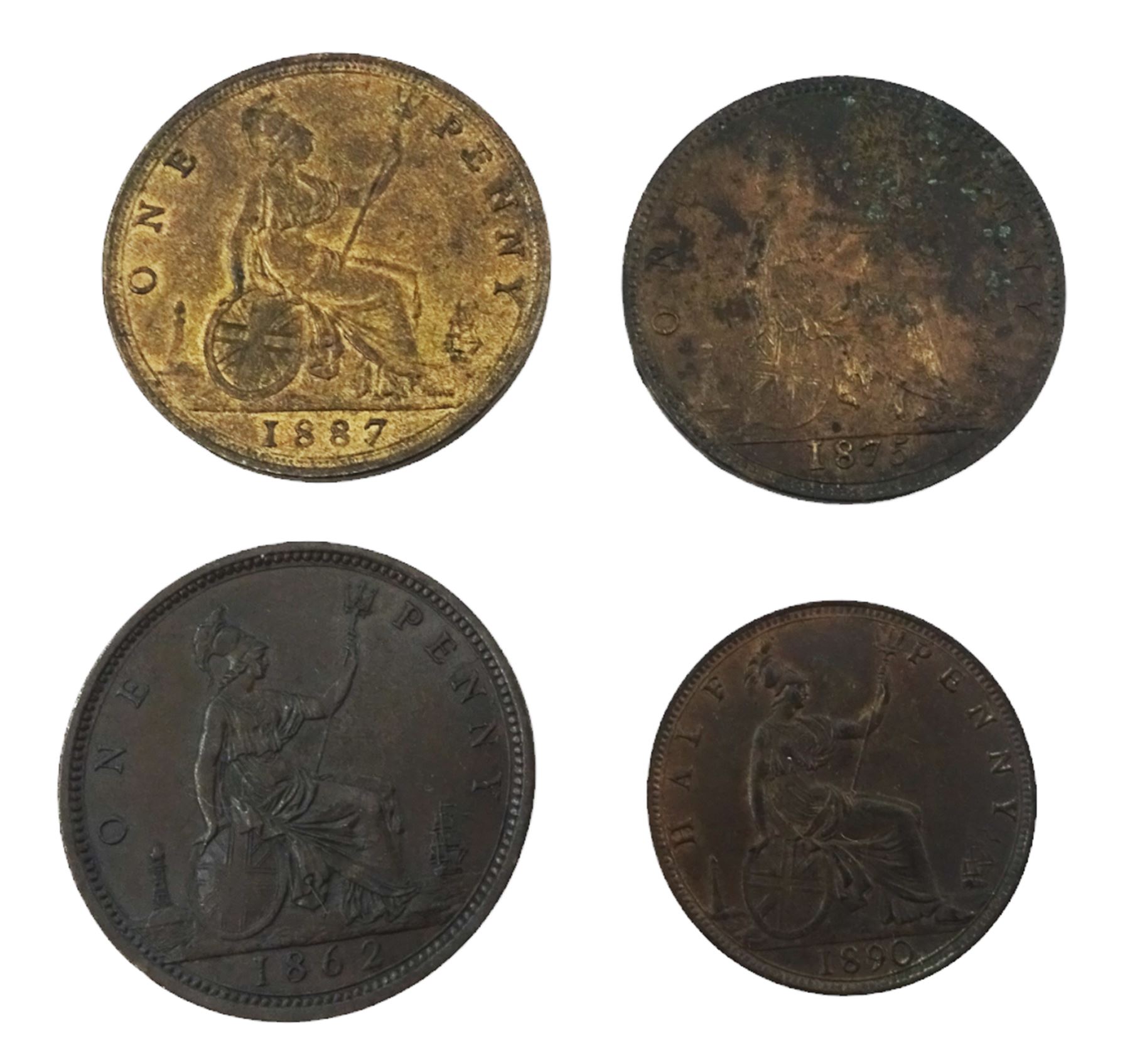 Three Queen Victoria bun head pennies, dated 1862, 1875, 1887 and 1890 halfpenny