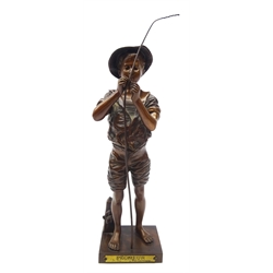  19th century patinated bronze model of a young fisherman 'Pecheur' after Adolphe Jean Lavergne, stood tying a fly at his rod, square base, signed, impressed foundry mark, H33cm   