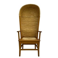 Reynold Eunson (1932–1978) for David Munro Kirkness, Kirkwall, Orkney - oak framed Orkney chair, woven straw canopy back, drop-in rush seat, the arm terminals carved with scrolls, on square tapering supports joined by plain stretchers, the front rail inscribed with makers marks