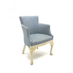 French style bedroom chair, upholstered in a blue fabric, cream painted acanthus carved cabriole legs