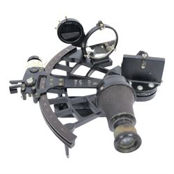 WWII Nazi German Kriegsmarine sextant by C. Plath, Hamburg, marked with impressed manufacturer’s logo, name and location, index arm stamped with Nazi eagle and swastika over Runic M, 2302, in original transit case with examine certificate by Deutsche Seewarte to the lid