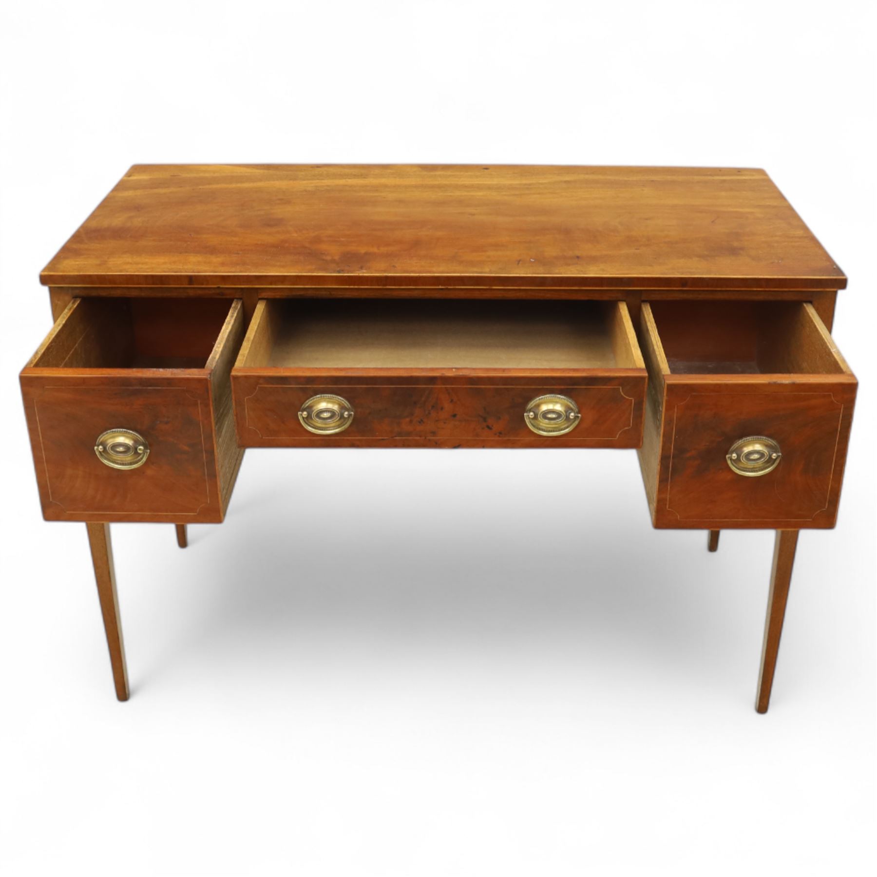 George III inlaid mahogany side table, rectangular top over three cockbeaded drawers with oval brass backplates and handles, on square tapering supports