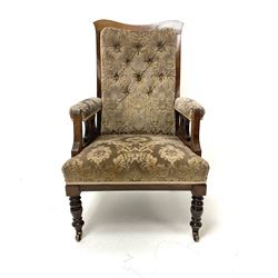 19th century elm chair, upholstered in floral patterned fabric, turned supports, castors 
