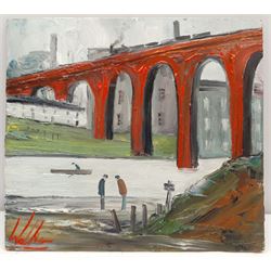 Walker Scott (Northern British Contemporary): Wading Beneath the Viaduct, oil on board signed 23cm x 25cm (unframed)