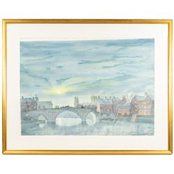 English School (20th century): Ouse Bridge at Dusk, watercolour possibly signed below the mount 51cm x 71cm; Glen Marshall (British Contemporary): A Yorkshire Countryside Path, watercolour signed 51cm x 71cm, in matching gilt frames (2)