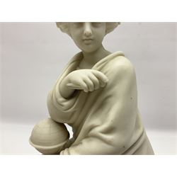 Parian ware figure of a woman leaning on corinthian column, H33cm