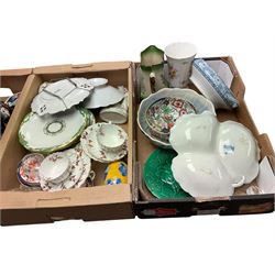 Two Coalport trios, decorated with birds and flowers, together with coloured glass decanters and other collectables, in five boxes 