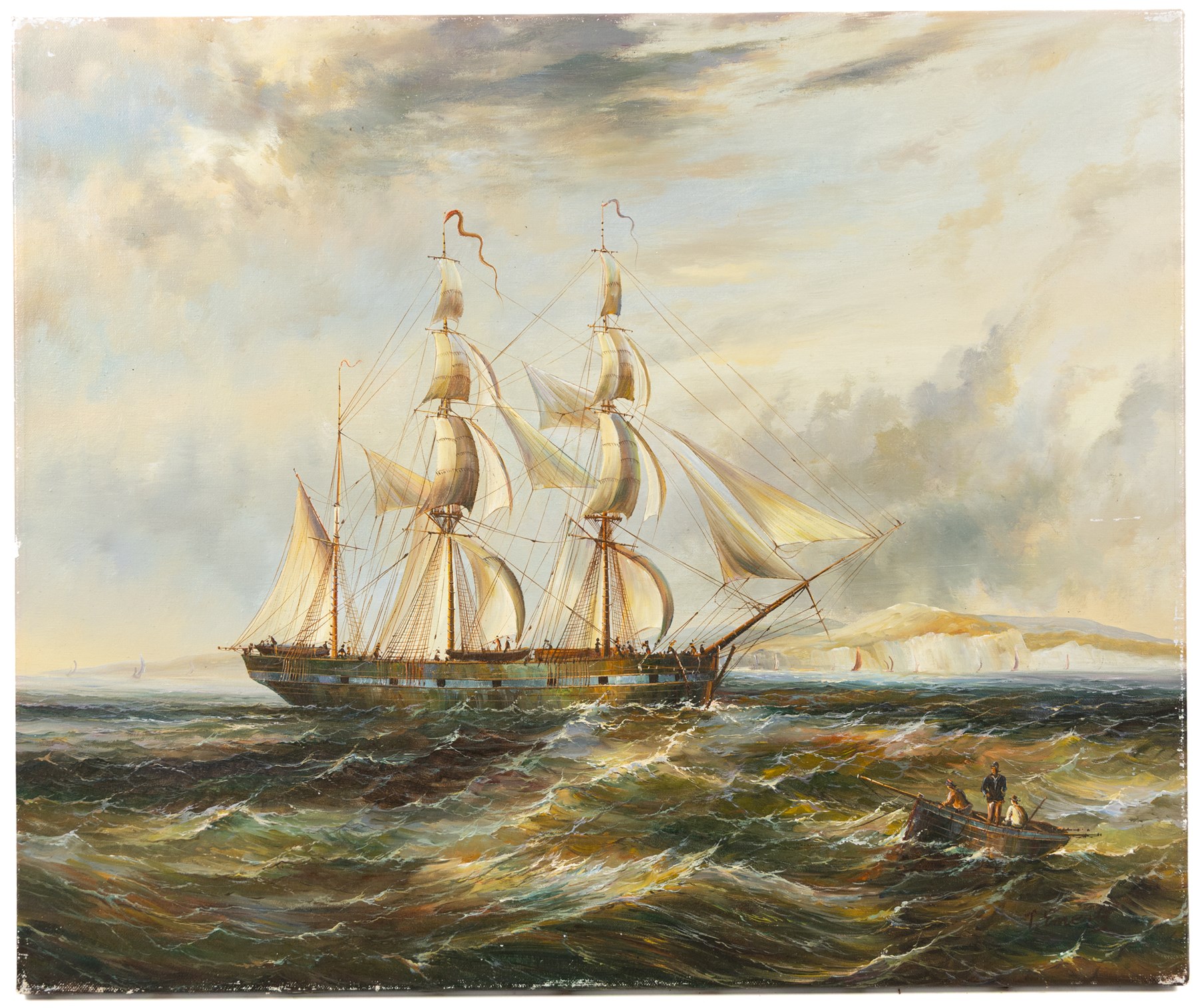 T Emerson (British 20th century): Sailboat on Choppy Seas - possibly Flamborough, oil on canvas faintly signed 51cm x 61cm (unframed)
