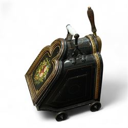 Victorian toleware coal scuttle, of shaped form hand-painted with fruit and floral spray t...