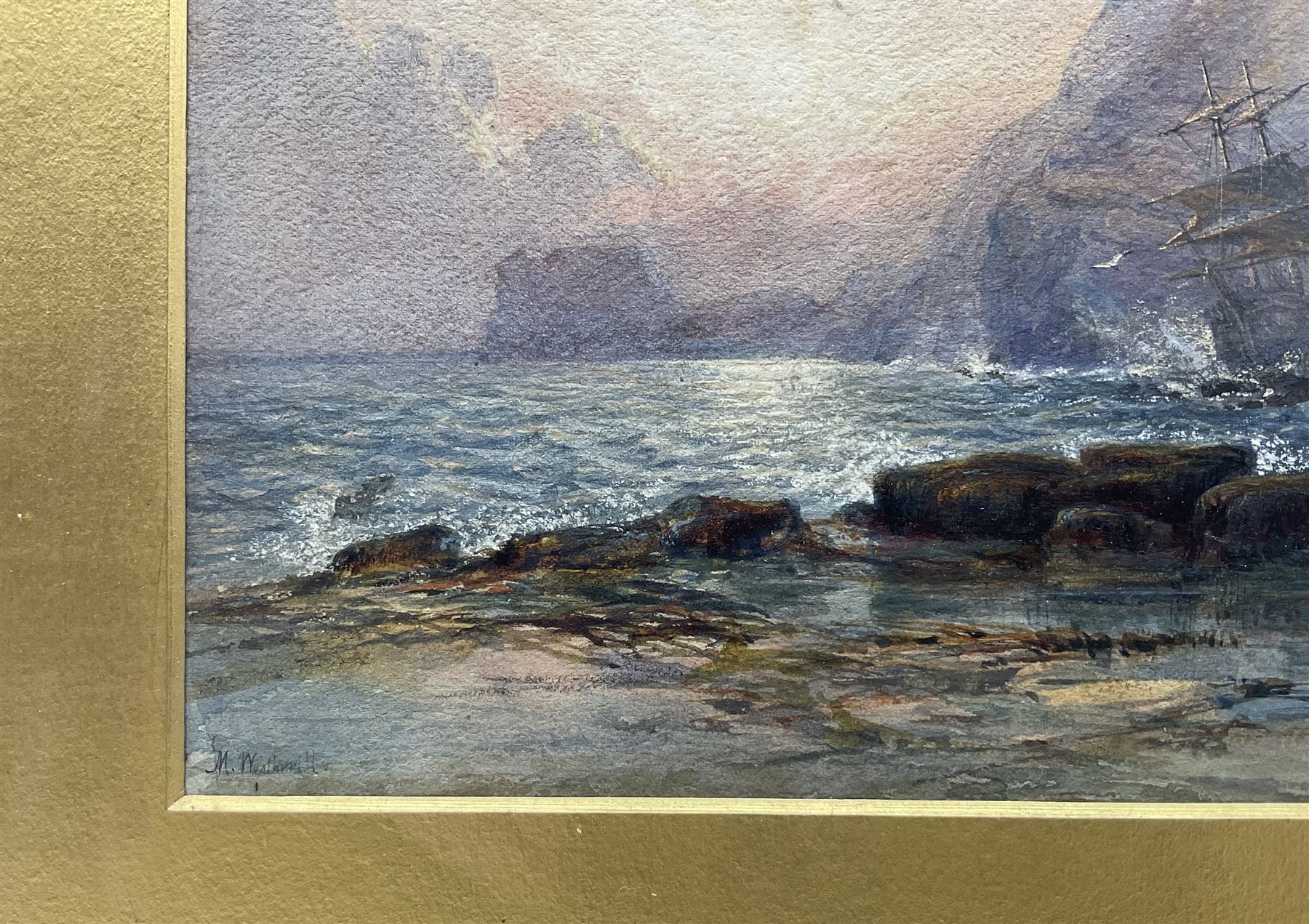 Mary Weatherill (British 1834-1913): Sailing Vessel Run Aground near Saltwick Nab Whitby, watercolour signed 24cm x 35cm 
Provenance: private collection, gifted to the vendor's mother c.1945