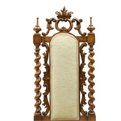 Victorian carved walnut side chair, the ornate high back with pierced and carved scrolled cartouche cresting rail, the back panel and sprung seat upholstered in sage green fabric, flanked by scrolling acanthus leaves and spiral turned pilasters, raised on scroll carved cabriole legs with ceramic castors