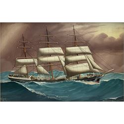 Reginald Arthur Borstel (Australian 1875-1922): Sailing Ship's Portrait 'Milverton', oil on board signed titled and dated 1916, historical info. verso 28cm x 42cm
Notes: the Windjammer Milverton was built by Oswald Mordaunt & Co of Southampton for a Liverpool firm, in British ownership till 1914, at the time of painting in the Australian ownership of 'Laidlaw & Harkis, 64 Union St., Pyrmont, Sydney, NSW' 